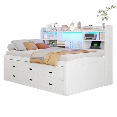 Produktbild von Merax Tagesbett 90x200cm mit Ausziehbett, Schlafsofa mit LED, 3 Schubladen, Regal, USB+Type-C, Daybett, Einzelbett, Weiß