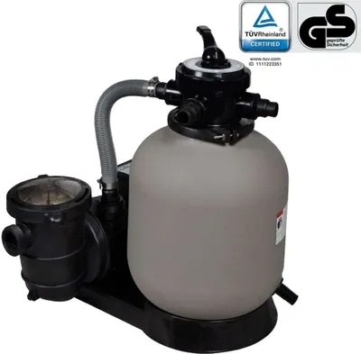 A sand filter pump for a swimming pool, shown on a white background.