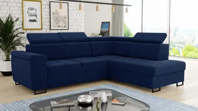Produktbild von Ecksofa Natan mit Schlaffunktion und einstellbare Kopfstützen - Wohnlandschaft mit Metallfüßen, Couchgarnitur, Bettkasten, Sofa (Ecksofa Rechts, Dunkelblau (Kronos 09))