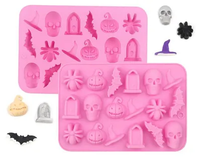 Immagine prodotto di Confezione da 2 stampi in silicone a tema Halloween, stampi 3D per caramelle, con motivi di teschio, zucca, ragno, pipistrello, cappello da strega, contenenti 36 cavità