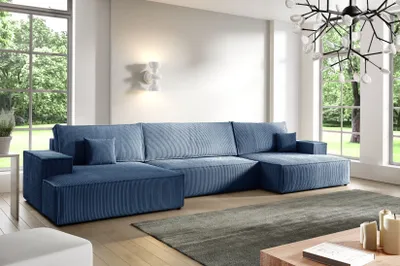 Produktbild von Ecksofas in U-Form ANTONIO MINI NEW U 398x148cm, Wohnlandschaft mit Schlaffunktion & Bettkästen, Eckarniutur / Bezug - Cord in Türkis/ Blau
