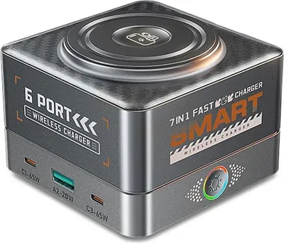 Obrázek produktu pro [GaN Tech] WLX-R8C 7-in-1 USB nabíječka 65W, 6portová PD rychlonabíječka s 15W bezdrátovou nabíječkou, stolní nabíjecí stanice EU konektor pro smartphony