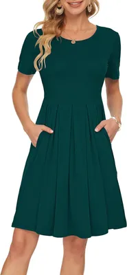 Produktbild von Dunkelgrünes Damenkleid im Plissee-Look mit kurzen Ärmeln, Knie-Länge und Seitentaschen
