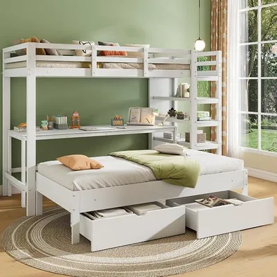 Productafbeelding van Kinderekkerbed, tweepersoonsbed, multifunctioneel kinderbed, met ladder, met bureau, met opbergladen onder het bed, met opbergplank, zonder matras, massief hout, wit, 90 * 200