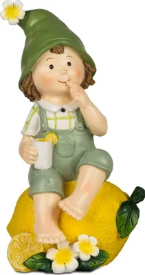 Produktbild von Deko Wichtel Kind Figur Junge mit Zitrone Garten Mädchen Skulptur Zwerg Blume