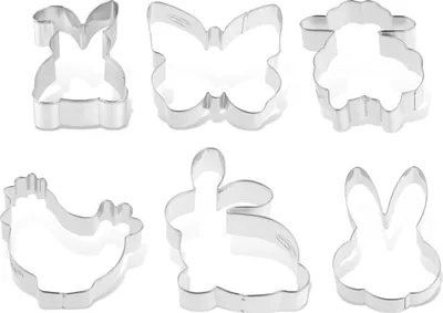 Produktbild von Dr. Oetker Ausstecher-Set "Goldiges Ostern", Keks- und Plätzchenausstecher Hase, Huhn, Schaf und Schmetterling (Farbe: Silber), Menge: 1 x 6er Set