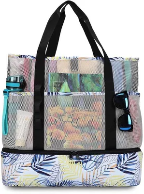 Produktbild von Unyqoos® Große faltbare Strandtasche 40×43×19 cm – Mesh-Beachbag mit wasserdichter Kühltasche (PEVA), 8 Taschen & diebstahlsichere Reißverschluss-Innentasche