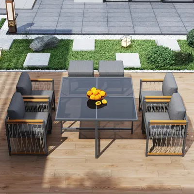 Obrázek produktu pro okwish Zahradní lounge set (7-dílný) Zahradní nábytek set, venkovní jídelní stůl a židle set, Rohová souprava pro 6 osob, šedá