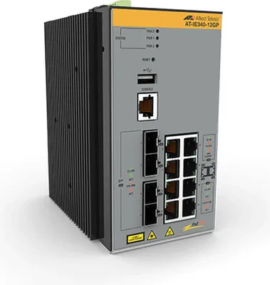 Produktbild von Allied Telesis AT IE340-12GP - Switch - L3 - managed - 8 x 10/100/1000 (PoE+) + 4 x 1000Base-X SFP - an DIN-Schiene montierbar, wandmontierbar - PoE+ (240 W) - DC-Stomversorgung