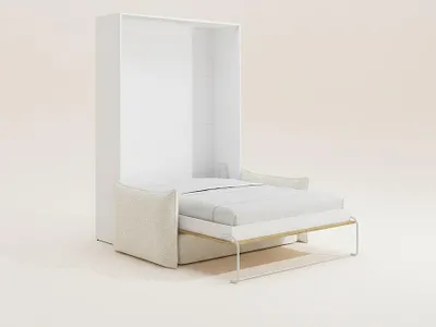 Produktbild von Schrankbett 140 x 200 cm - Manuelle vertikale Öffnung - Farbgebung: Natur & Weiß + Sofa - BEGANIO