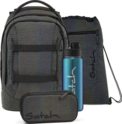 A set of school supplies including a backpack, pencil case, and water bottle, all with a reflective, iridescent pattern.