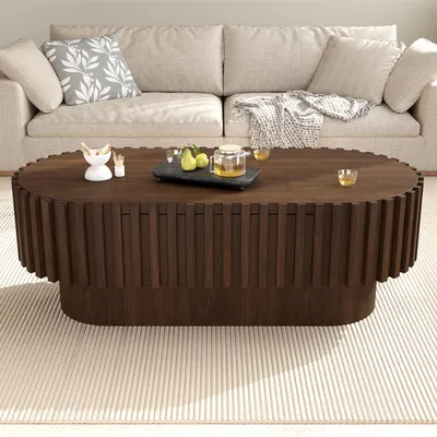 Productafbeelding van MODFU Salontafel Ovaal, 100 × 50 × 35,5 cm, salontafel met lade, woonkamer tafel, koffietafel, notenhout met lamellenlook en een voet