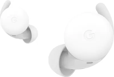 Two white Google Pixel Buds A-Series are shown against a white background.