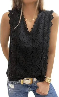 Produktbild von ASKSA Damen Ärmellos Bluse Spitze T-Shirt Elegant V-Ausschnitt Hemd Sommer Oberteile Tunika Blusen Tops , Schwarz, XXL