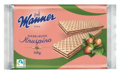 Obrázek produktu pro Manner Knuspino lískooříškové oplatky s lískooříškovou krémovou náplní 110g