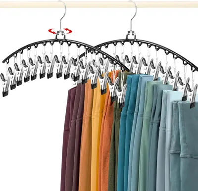 Produktbild von Platzsparende Mehrfach-Hosenbügel (2 Stück) – 15 Praktische Klammern + 360° Drehbarer Edelstahlhaken – Perfekt für Leggings,