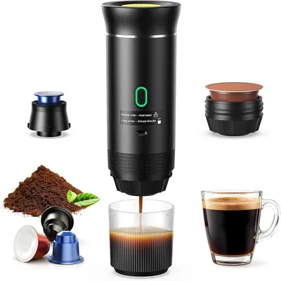 Tragbarer 12-V-Akku-Kaffeeautomat, 3-in-1, für Kapseln und Kaffeepulver