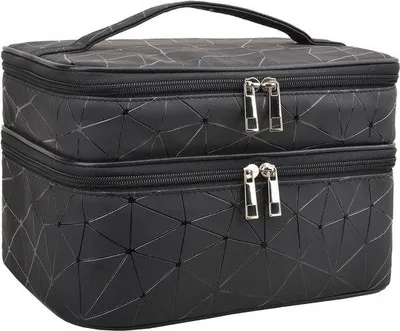 Produktbild von Unyqoos® Make-up-Tasche groß – zweilagige Kosmetiktasche mit Pinselhalter und Trennwand, wasserdichter Stoff, 25 x 15 x 10 cm, schwarz