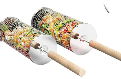 Produktbild von Camping-Grillkorb – Stapelbarer Grillkorb auf Rollen – Mit abnehmbarem Holzgriff – Aus Edelstahl 304 – Zubehör für Outdoor-Küche und Grill – Geeignet für Gemüse, Garten, Gasgrills und kleine Küchengeräte – 2 Stück