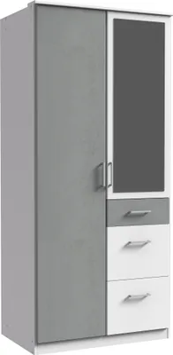 Produktbild von Kleiderschrank "Click" aus Spanplatte in Weiß mit 3 Schubladen und 2 Türen. Abmessungen (B/H/T) 90x198x58 cm