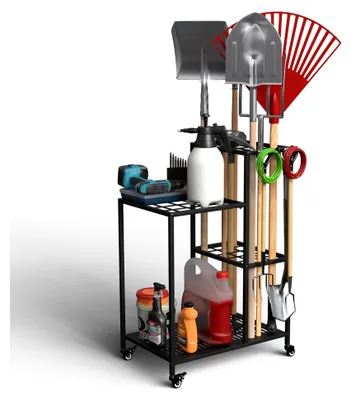 Produktbild von Gartenwerkzeug-Organizer für die Garage, Aufbewahrungsregal für bis zu 40 Werkzeuge, Organizer aus Kohlenstoffstahl mit Rollen