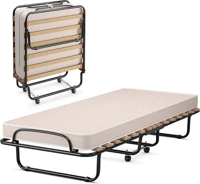 A folded and unfolded portable bed with a mattress, shown against a white background.