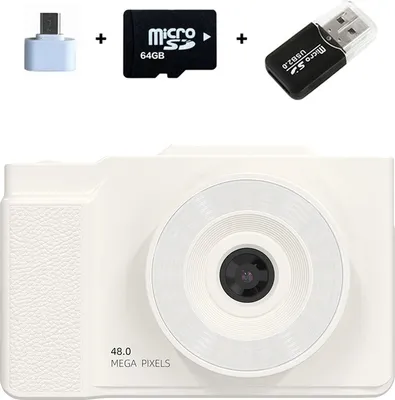 Produktbild von ZELURXX Tragbare Kamera, 1080P Spielzeugkamera, Flip-Screen, 3-Farben Fülllicht, CCD, Retro, 64GB SD-Karte, für Kinder, Schüler, Weiß