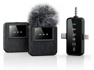 Produktbild von 3-in-1-Profi-Minimikrofon für iPhone, Android, Kamera – 100 m Reichweite, 20-Stunden-Akku, kabellose Mikrofone, Geräuschunterdrückung