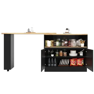 Produktbild von Bartisch mit Ablageflächen und Glas 360° Drehbare Bistrotisch Stehtisch Kücheninsel Hochtisch 90 x 45 x 100 cm Schwarz