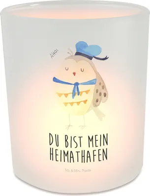Produktbild von Mr. & Mrs. Panda Glas Windlicht Eule Matrose - Transparent - Geschenk, Heimathafen, Kerzenhalter, Hochzeitstag, Ehe, Teelichthalter, Kerzenglas