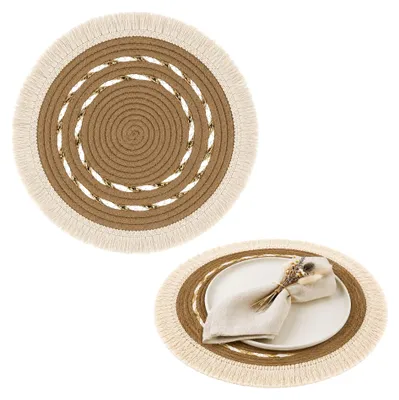 Produktbild von Platzsets Boho Bast geflochten 30cm, Tischunterlagen Seegras & Baumwolle mit Fransen, Tischsets Dekounterlagen 2 Stück