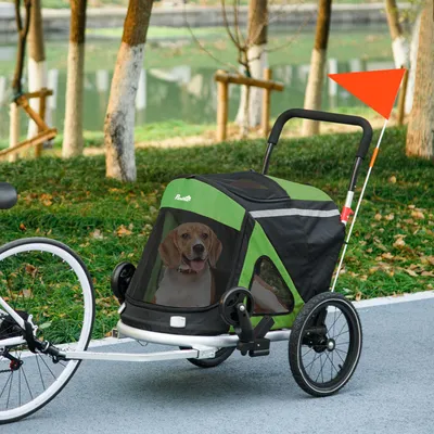 Produktbild von Hundebuggy 2-in-1 Fahrradanhänger & Jogger, Hundewagen Oxfordstoff Aluminium, Grün | 150x68x95 cm | 12,5 kg | 2 Reflektoren