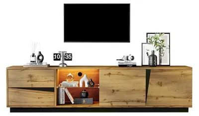 Imagen del producto de Mueble bajo para televisión - Mueble para televisión - Dimensiones: 180 x 35 x 45 cm - 2 cajones - Estante de vidrio templado - Compartimento abierto - Orificio para cables - Colores naturales