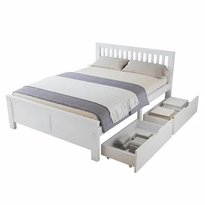Produktbild von Doppelbett, 140x200 cm, Massivholzbett mit Kopfteil, Lattenrost und 2 Schubladen, Holzbett aus Kieferholz