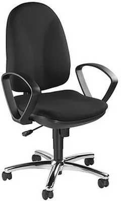 A black office chair with a chrome base and wheels, shown against a white background.