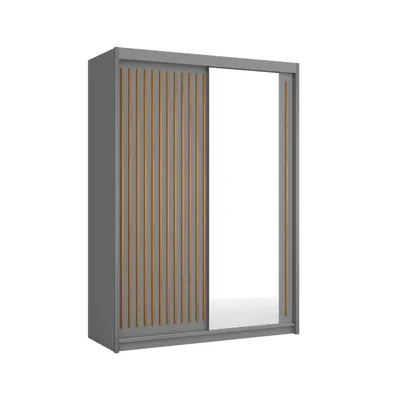 Produktbild von 150 cm Kleiderschrank mit Lamellen und Spiegel, inklusive 2 Schiebetüren, Schwebetürenschrank Kleiderstange, Lieferung bis in die Wohnung (Farbe: Grau, Lamelle Votan)