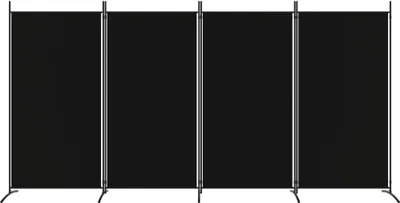 A black four-panel room divider or screen.