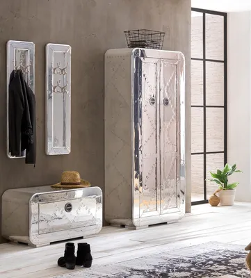 Produktbild von SIT Möbel Dielen-Set | 4-tlg. | 1 Schuhschrank, 2 Garderobenpaneele, 1 Kleiderschrank | Mangoholz + MDF mit Alu beschlagen silber | B 80 x T 40 x H 180 cm | 18000-02 | Serie AIRMAN