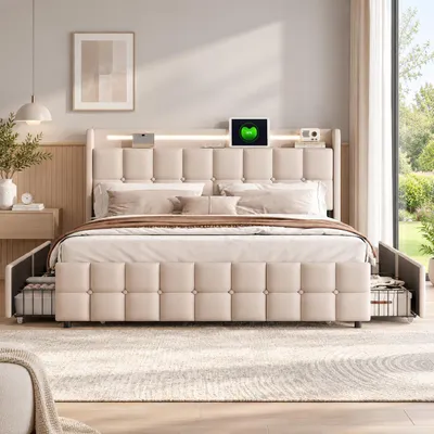 Immagine prodotto di "Letto imbottito matrimoniale INONEFT, dimensioni 160x200 cm, con illuminazione LED, prese Type-C e USB, letto per ragazzi con 4 cassetti, tessuto in lino, colore beige, senza materasso.", Immagine generata dall'IA