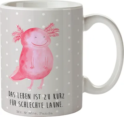 Produktbild von Mr. & Mrs. Panda Keramiktasse Axolotl Glücklich - Grau Pastell - Geschenk, gut Gelaunt, schöne tasse, Motivationsspruch, Pott, Lurch, Gute Laune, Kaffeetasse, Becher