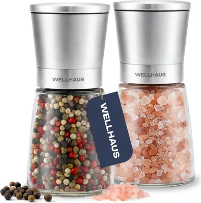 Image de WELLHAUS Moulin à sel et à poivre manuel en acier inoxydable, réglable – 2 pièces, cuisine, cuisine maison, assaisonnement parfait