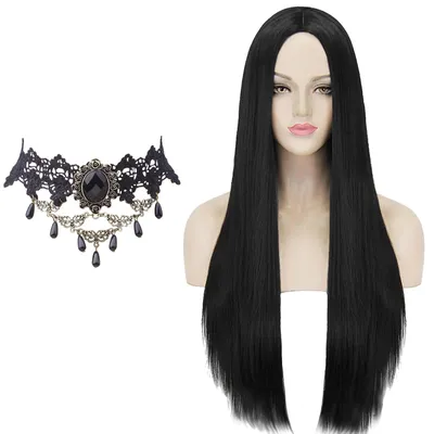 Image de Perruque longue et noire pour cosplay, avec une chaîne gothique