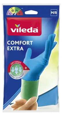A Vileda Comfort Extra glove packaging with a hand wearing a blue glove.
