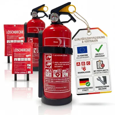 Produktbild von BigDean 2 Stück Feuerlöscher 1kg Plus 2 Stück Feuerlöschdecken Brandschutz Set