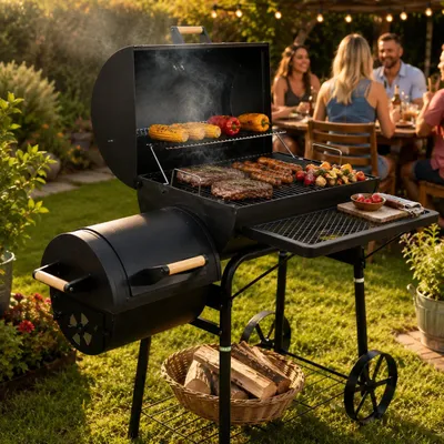 Produktbild von Smoker Grill Holzkohlegrill BBQ Grillwagen Räuchergrill Lokomotive mit Thermometer Stahl Schwarz 125x55x120 cm Grillfläche 65x34 cm Kohlegrill