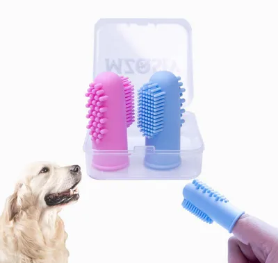 Produktbild von 2er Set Hund Finger Zahnbürste Silikon mit Aufbewahrungsbox Rosa Blau