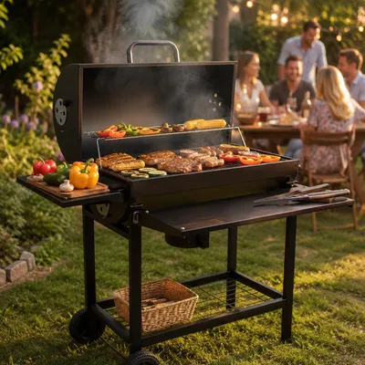 Produktbild von Profi Smoker Grillwagen, Holzkohlegrill aus Stahl, XXL 103x110x59 cm, mit Ablagen & Rädern