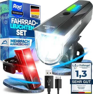 Produktbild von NEXTCOVER® Fahrradlicht Set - Das Original - mit [LightSense] Sensor & 11h Akkulaufzeit I USB aufladbar & wasserdicht I LED Fahrrad Licht vorne I Fahrradlampe & Fahrrad Rücklicht, Fahrradbeleuchtung