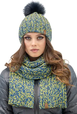 Immagine prodotto di Vivisence Set invernale da donna di tendenza composto da cappello morbido con pompon e sciarpa lunga in filato bicolore con fodera antistatica per una protezione ottimale dal freddo Ideale per, giallo, taglia unica
