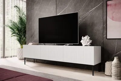 Zdjęcie produktu dla BIAŁA SZAFKA RTV stolik pod TV do salonu komoda 200 cm RYFLOWANA SOLIDNA
